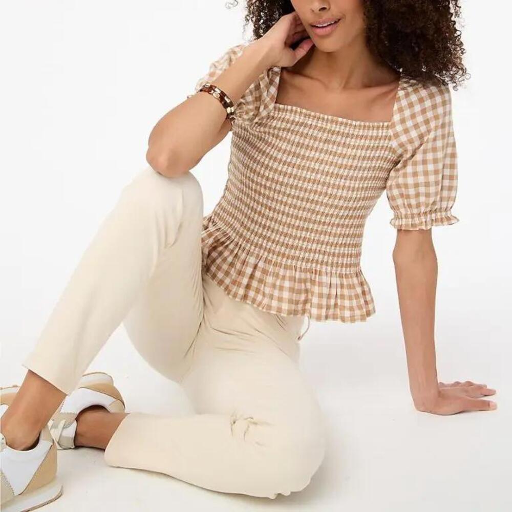 J. Crew Chic Brown Gingham Flannel Smocked Crop Top
